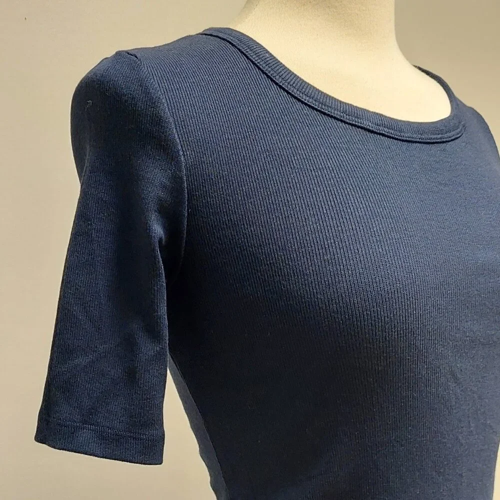 A.Y.R. Navy Blue Maxi S/S Scoop Neck Rib-Knit Sheath Size: S - Picture 5 of 9